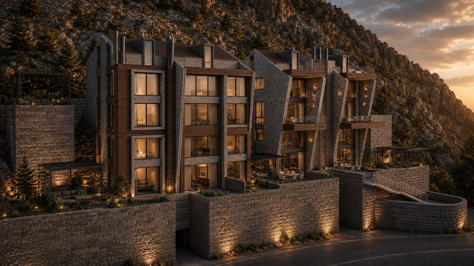 Aspen 1 and Aspen 2 at dusk, set against the Faqra mountainside