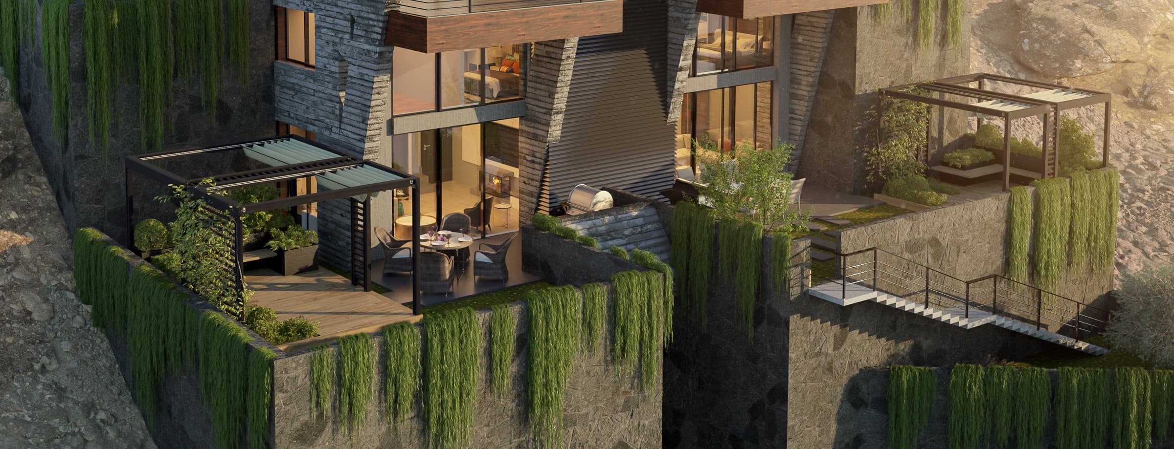 Terrace living, pergolas and stone