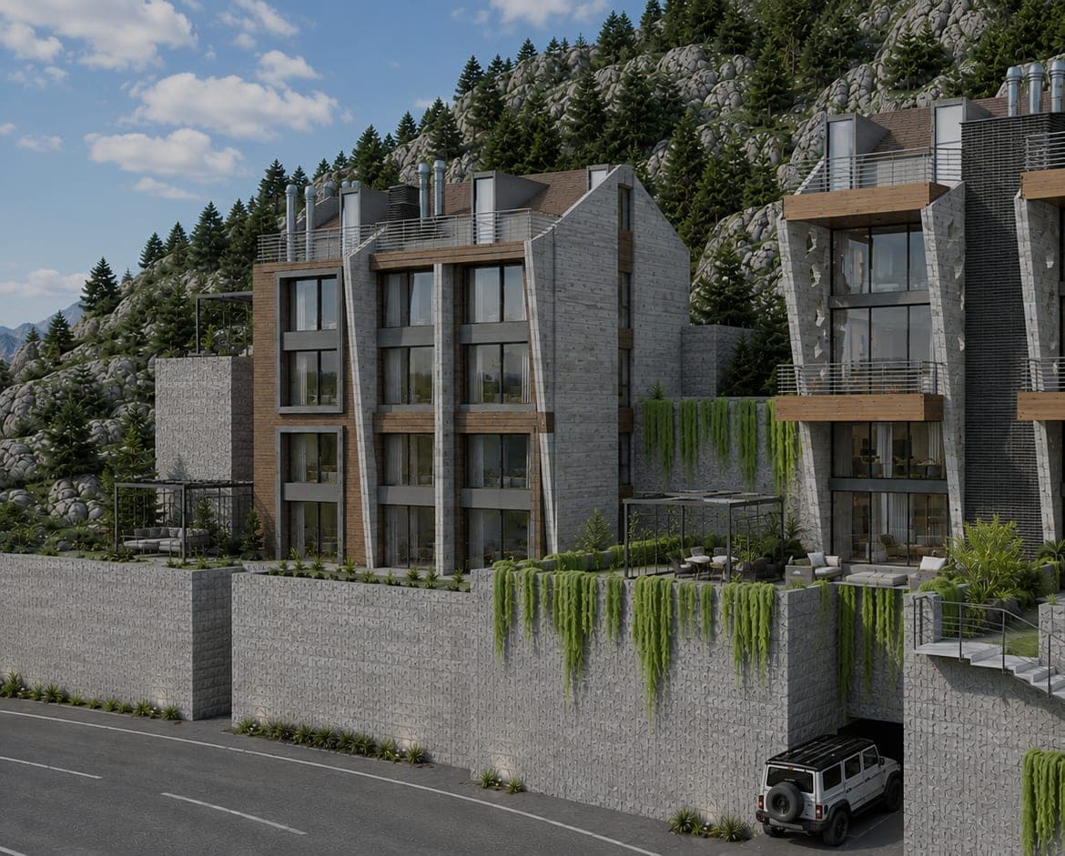 Aspen 2 in profile — timber and stone stepping along the road