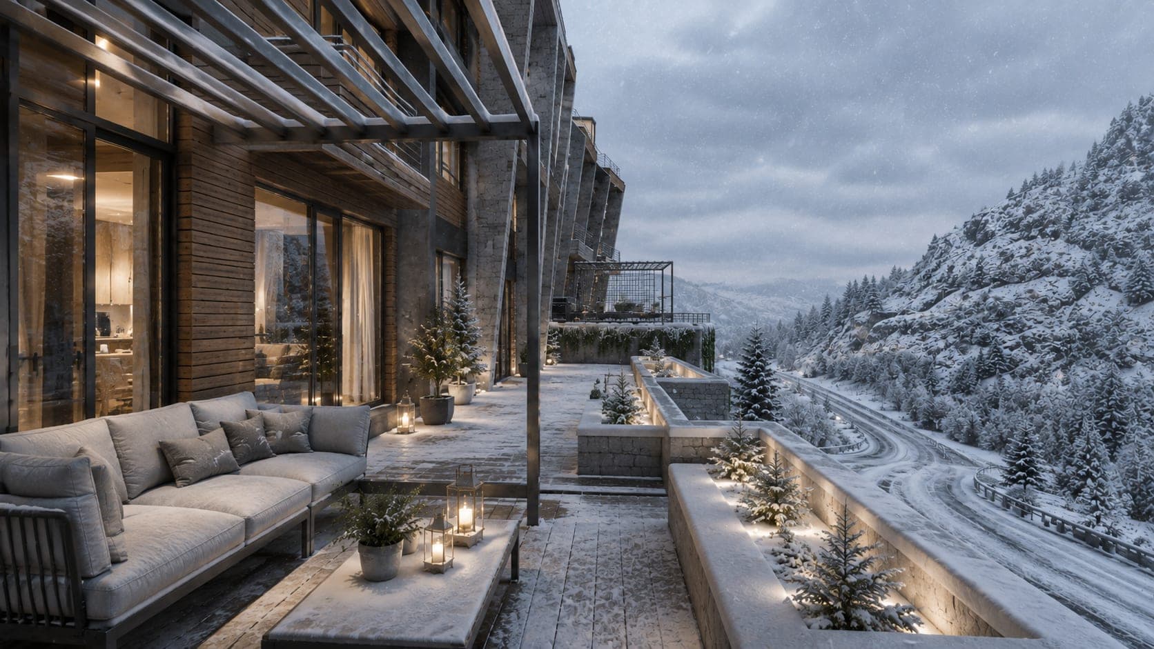Lanterns lit on the terrace, the valley beyond